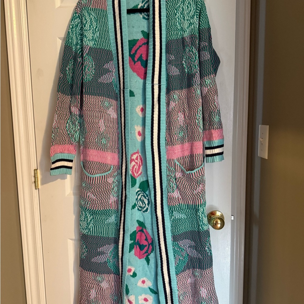 John + Jenn Long Open-Front Cardigan in Teal, Pink, Gray